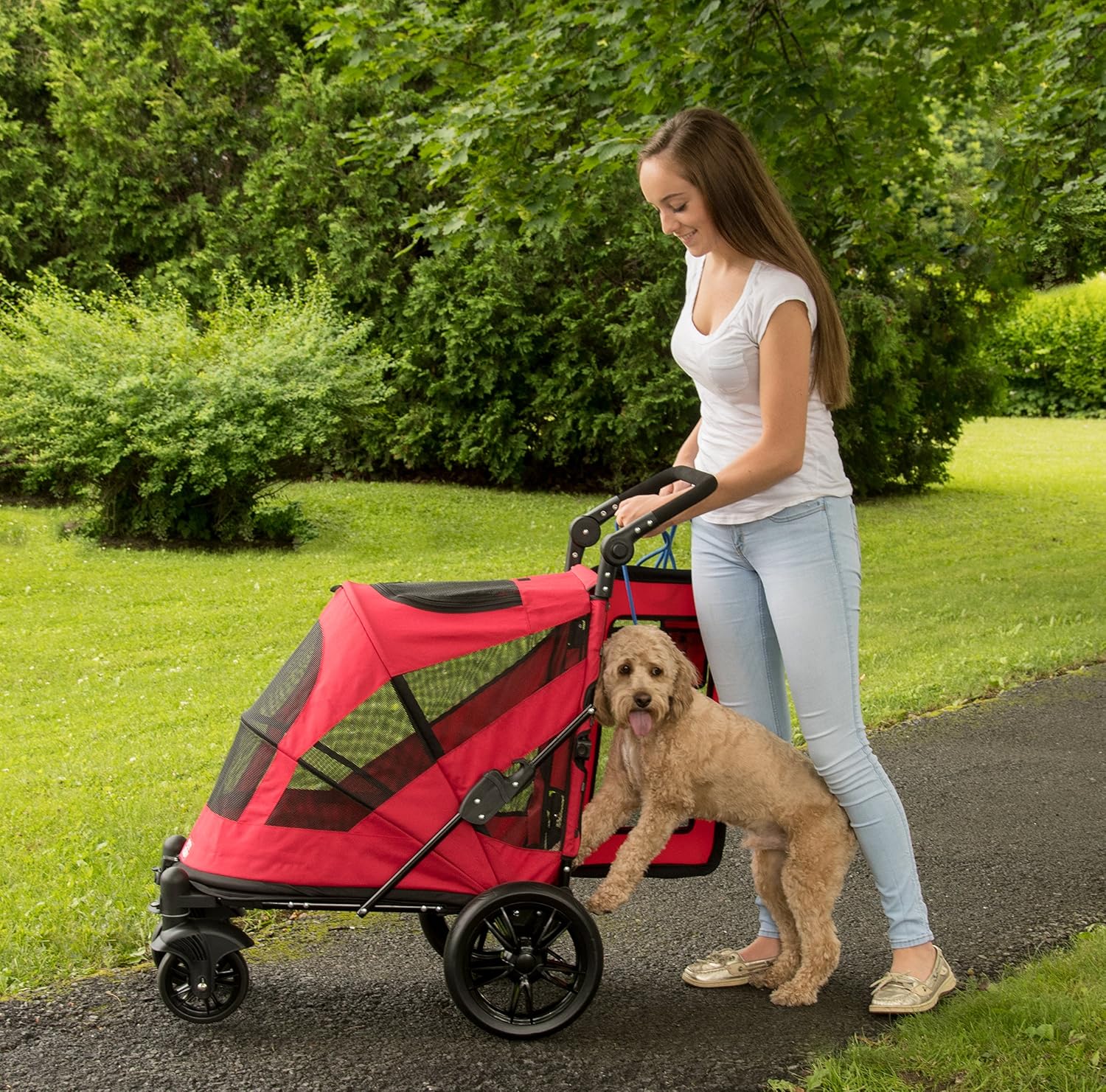 Pet Gear NO-Zip Pet Stroller with Dual Entry, Push Button Zipperless Entry for Single or Multiple Dogs/Cats, Pet Can Easily Walk in/Out, No Need to Lift Pet, Gel-Filled Tires