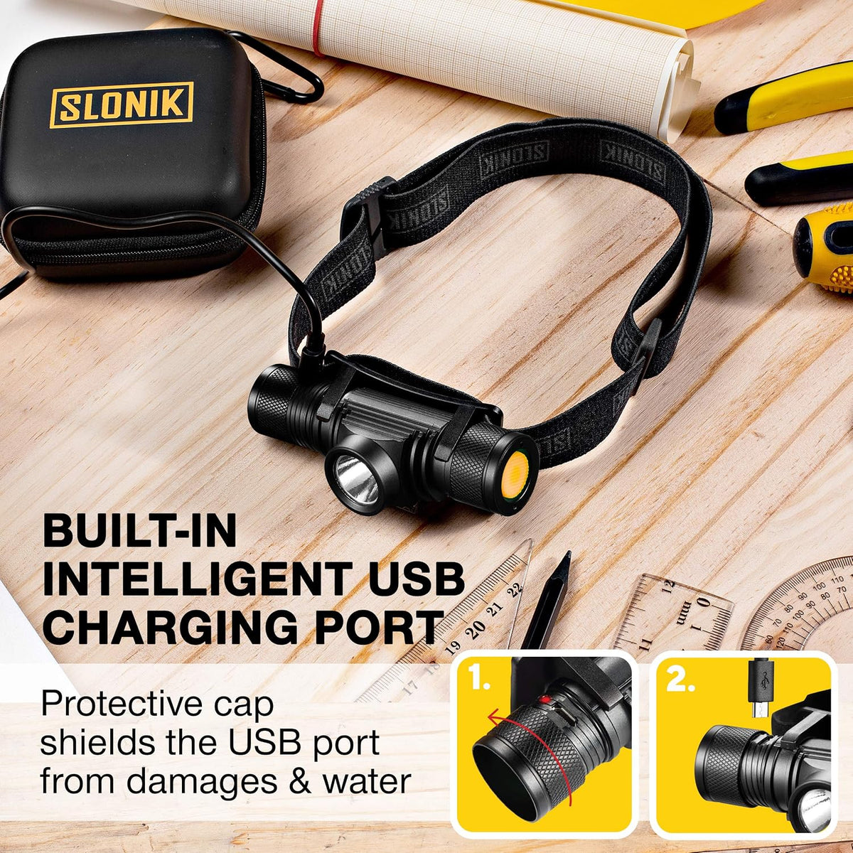 SLONIK Rechargeable Headlamp Flashlight - 500 Lumens Ultra Bright Headlight - IPX4 Waterproof Head Lamp Light for Outdoor Running, Hiking Gear, Hard Hat Helmet - Camping Accessories for Adults, Black