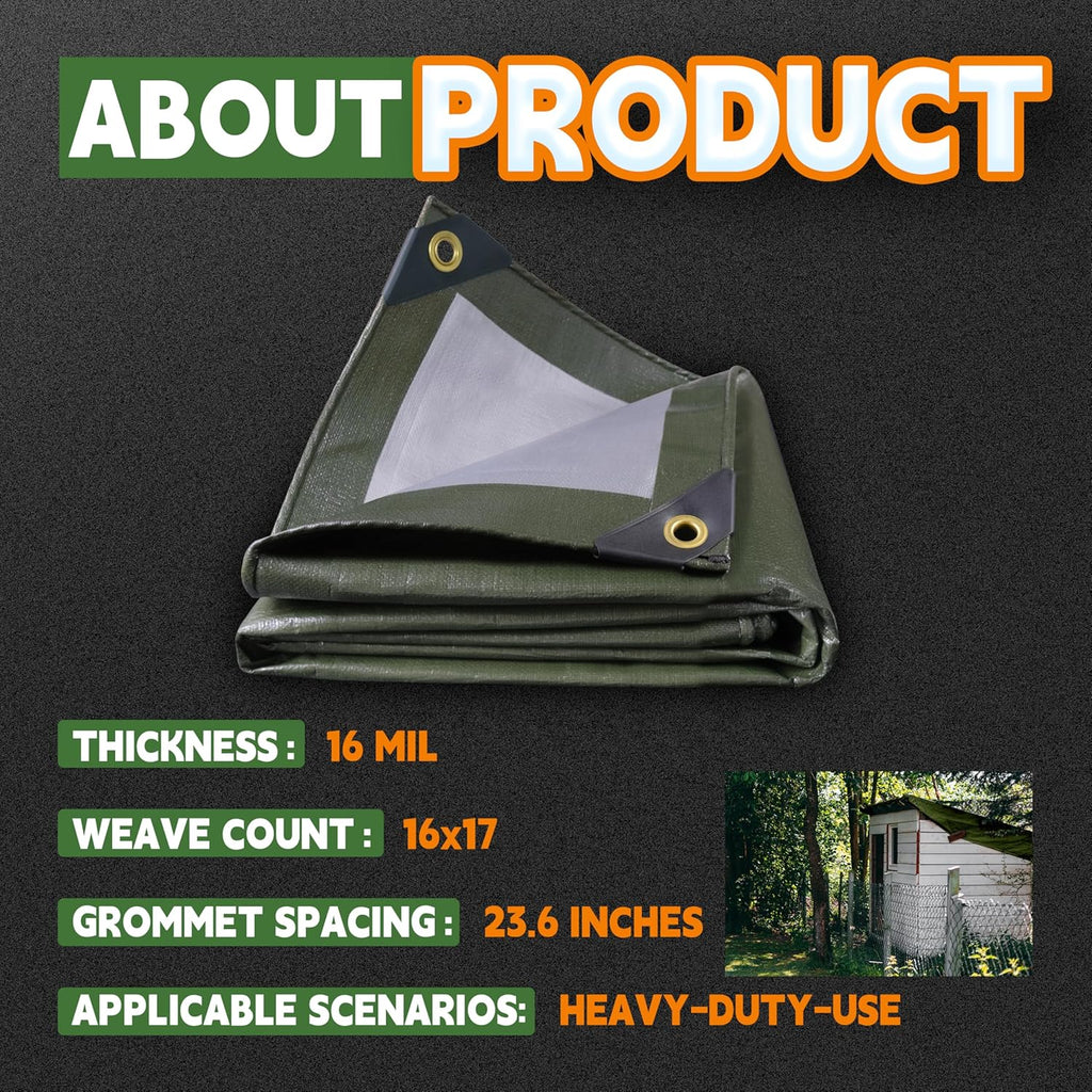 RAINDEWAY Tarps Heavy Duty Waterproof 10x12FT 16 Mil Protective Tarp Cover
