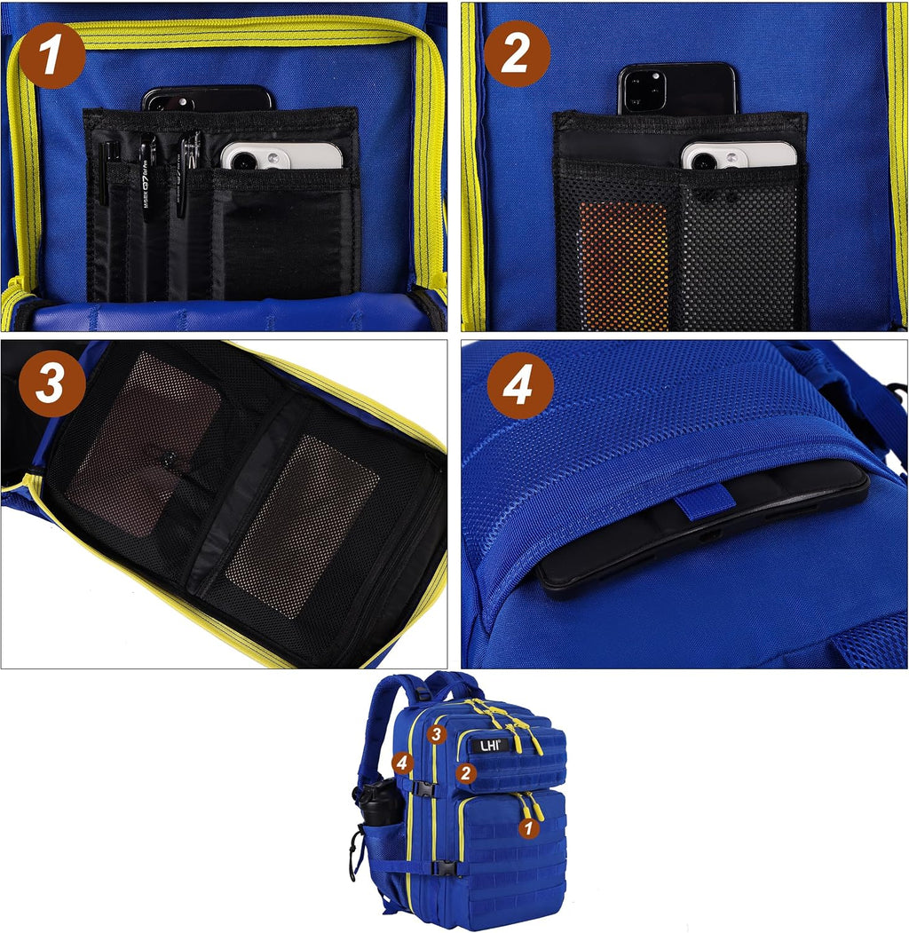 LHI Military Tactical Backpack for Men and Women 45L Army 3 Days Assault Pack Bag Large Rucksack with Molle System Blue Yellow