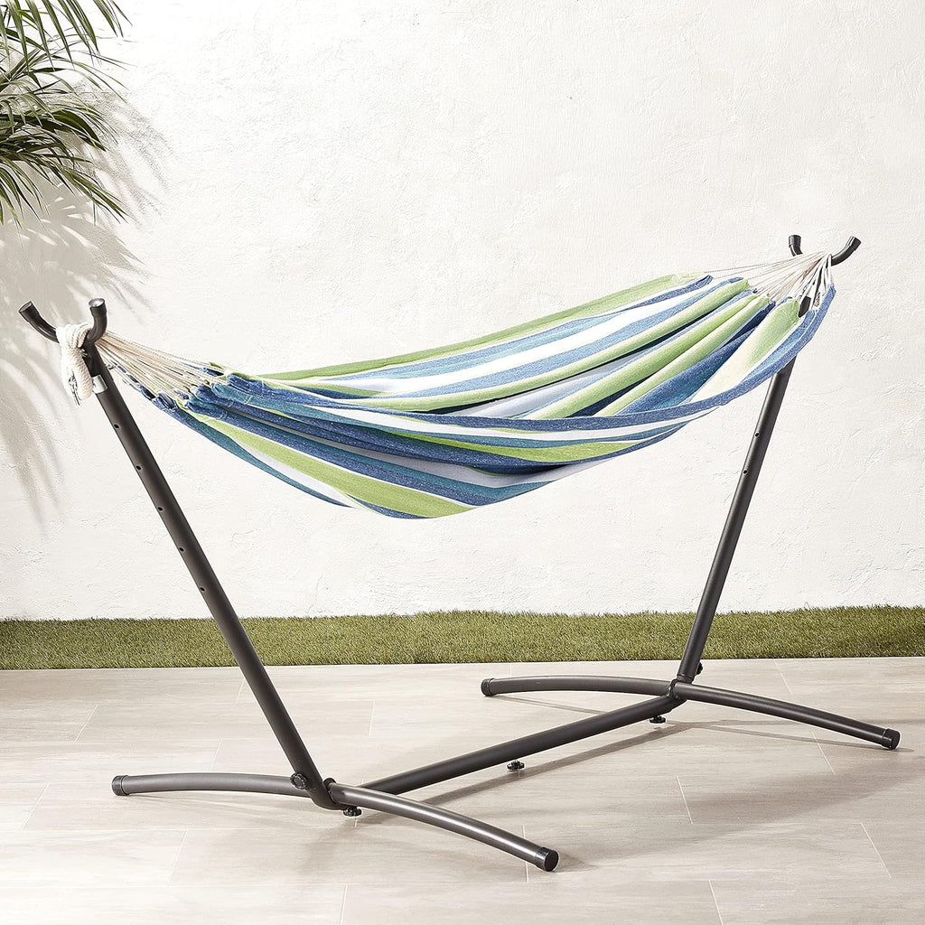 Amazon Basics Double Hammock with 9-Foot Space Saving Steel Stand and Carrying Case, 2 Person, 450 lb Capacity, Cotton Polyester, Oasis Stripe, 110" x 47" x 43"