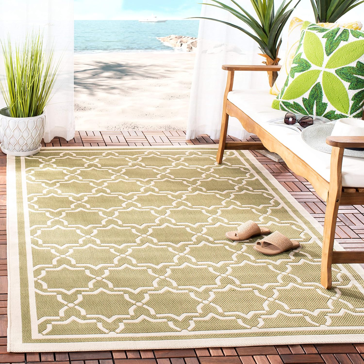 SAFAVIEH Washable Rug Outdoor Courtyard Collection - 9' x 12', Green & Beige, Non-Shedding & Easy Cleaning, Ideal for Patio, Backyard, Mudroom (CY6916-244)