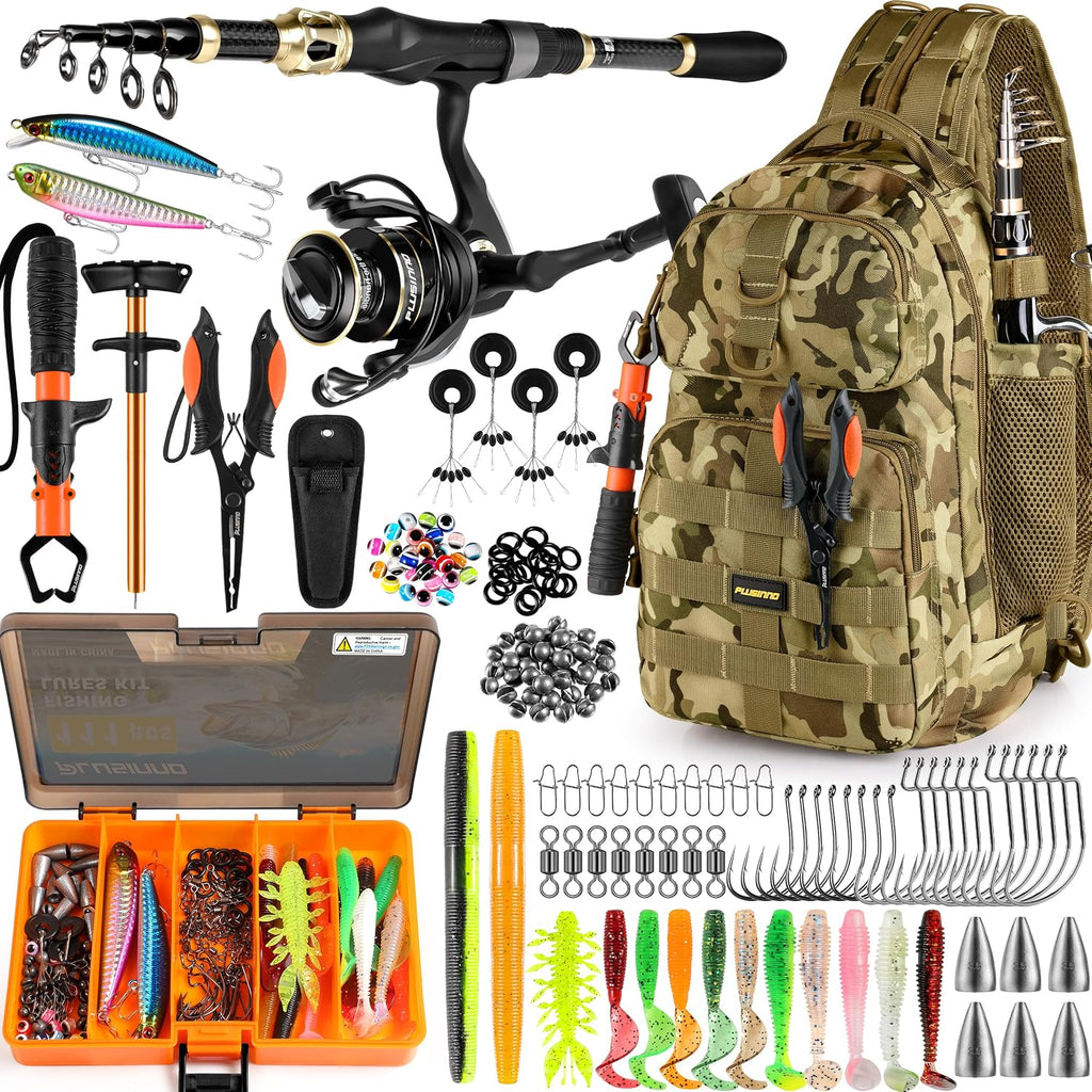 PLUSINNO Fishing Backpack with Fishing Rod &Tackle Boxes, Waterproof Sling Tackle Bag for Fish Gear with Rod Holder, Gifts for Men with Lures, Pliers, Fish Lip Gripper.