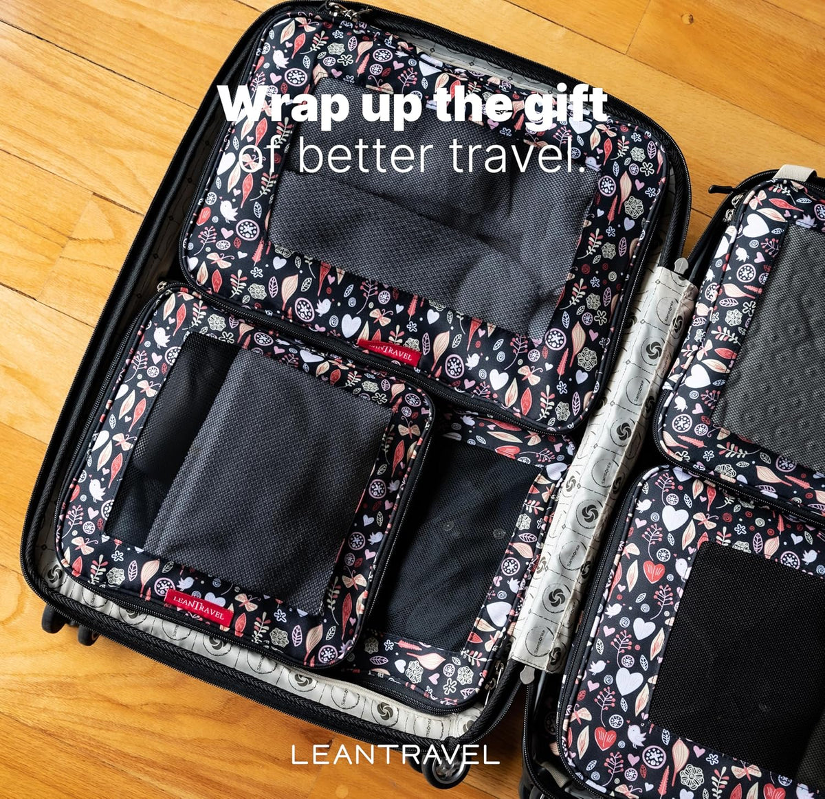 LeanTravel Premium Compression Packing Cubes for Travel - Suitcase Organizer Bags with Double Zipper & Breathable Mesh Panel - Space Saving Carry On Luggage Essentials (6-Pack, Flowers)