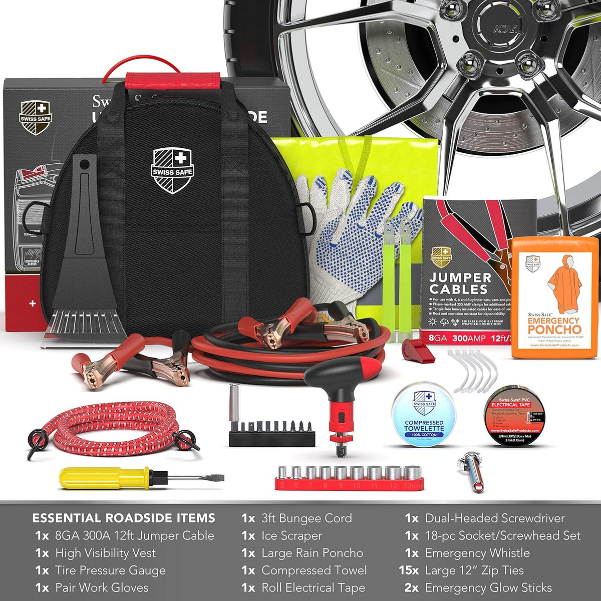 Swiss Safe 2-in-1 378-Pcs Car First Aid Kit, Jumper Cables, Essentials