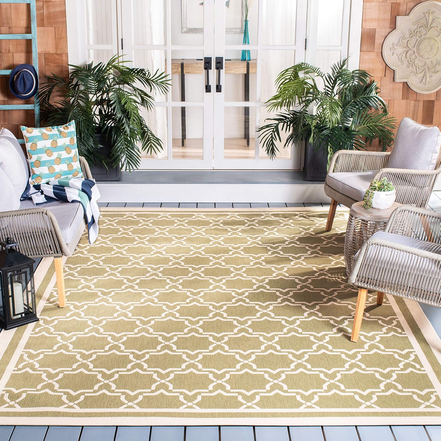 SAFAVIEH Washable Rug Outdoor Courtyard Collection - 9' x 12', Green & Beige, Non-Shedding & Easy Cleaning, Ideal for Patio, Backyard, Mudroom (CY6916-244)