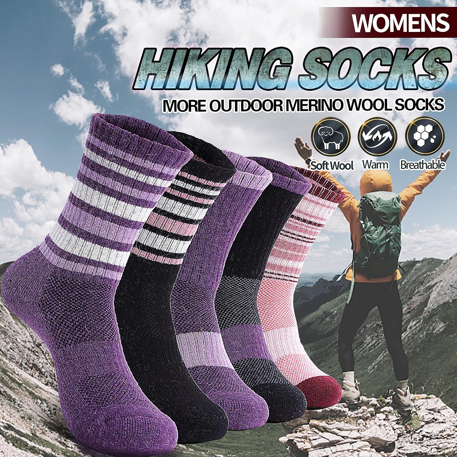 Anlisim Merino Wool Hiking Running Socks for Women, Boot Work Crew Socks