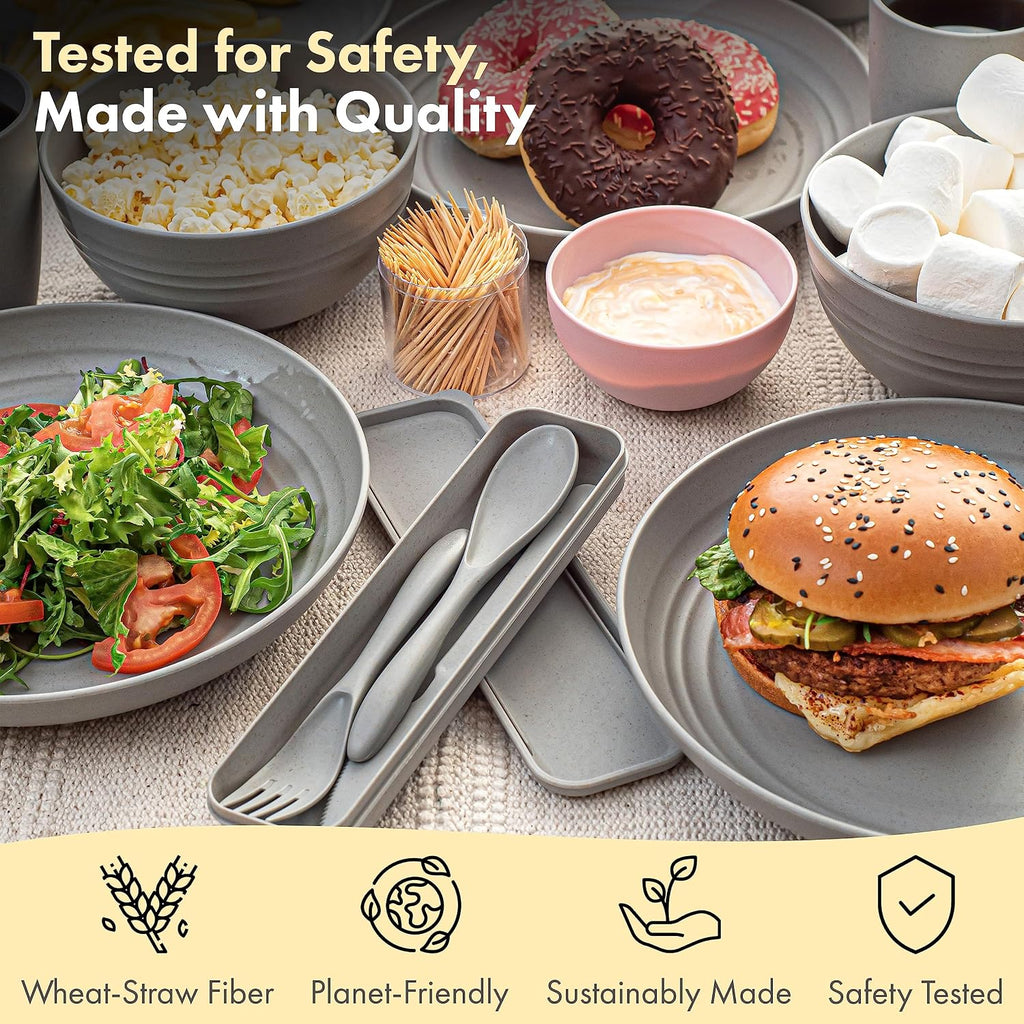 FOODLE Wheat Straw Dinnerware Set - RV, Camping, Picnic Plates Cups & Bowls