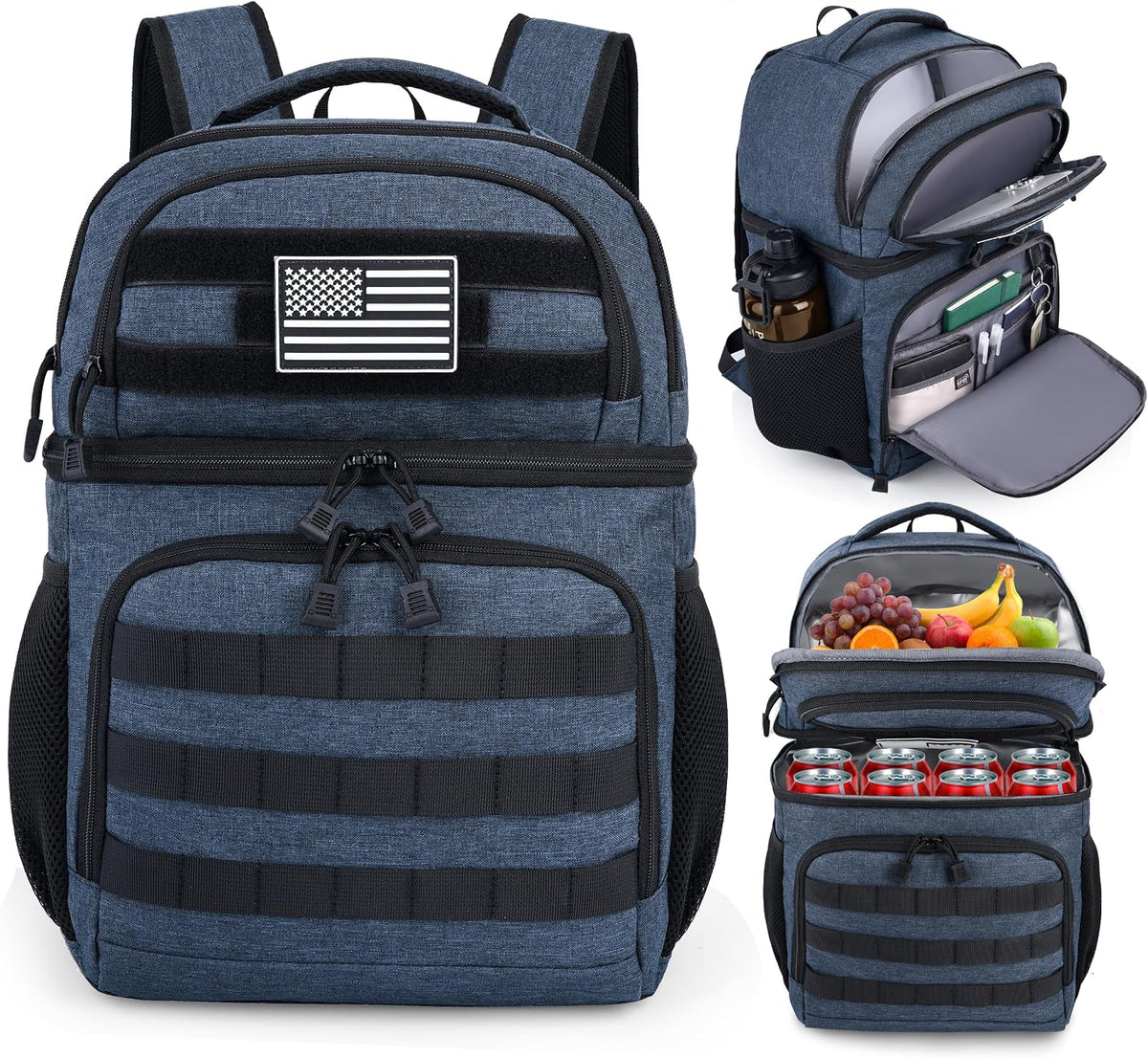 MOZETO Lunch Backpack for Men, Tactical Inspired Double Deck Cooler Backpack Insulated Leakproof RFID Lunchbox for Work (Black)