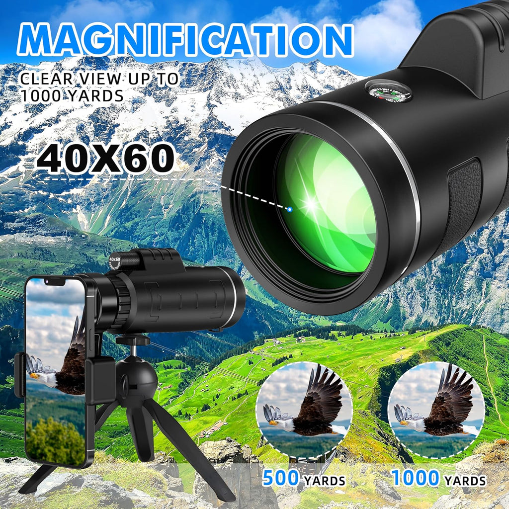 40x60 Monocular Telescope with Smartphone Adapter and Telescope Case High Powered Monocular, Compact Monocular for Wildlife, Hunting, Camping, Travel &Outdoor Adventures
