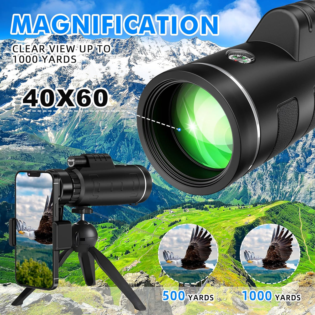 40x60 Monocular Telescope with Smartphone Adapter and Telescope Case High Powered Monocular, Compact Monocular for Wildlife, Hunting, Camping, Travel &Outdoor Adventures