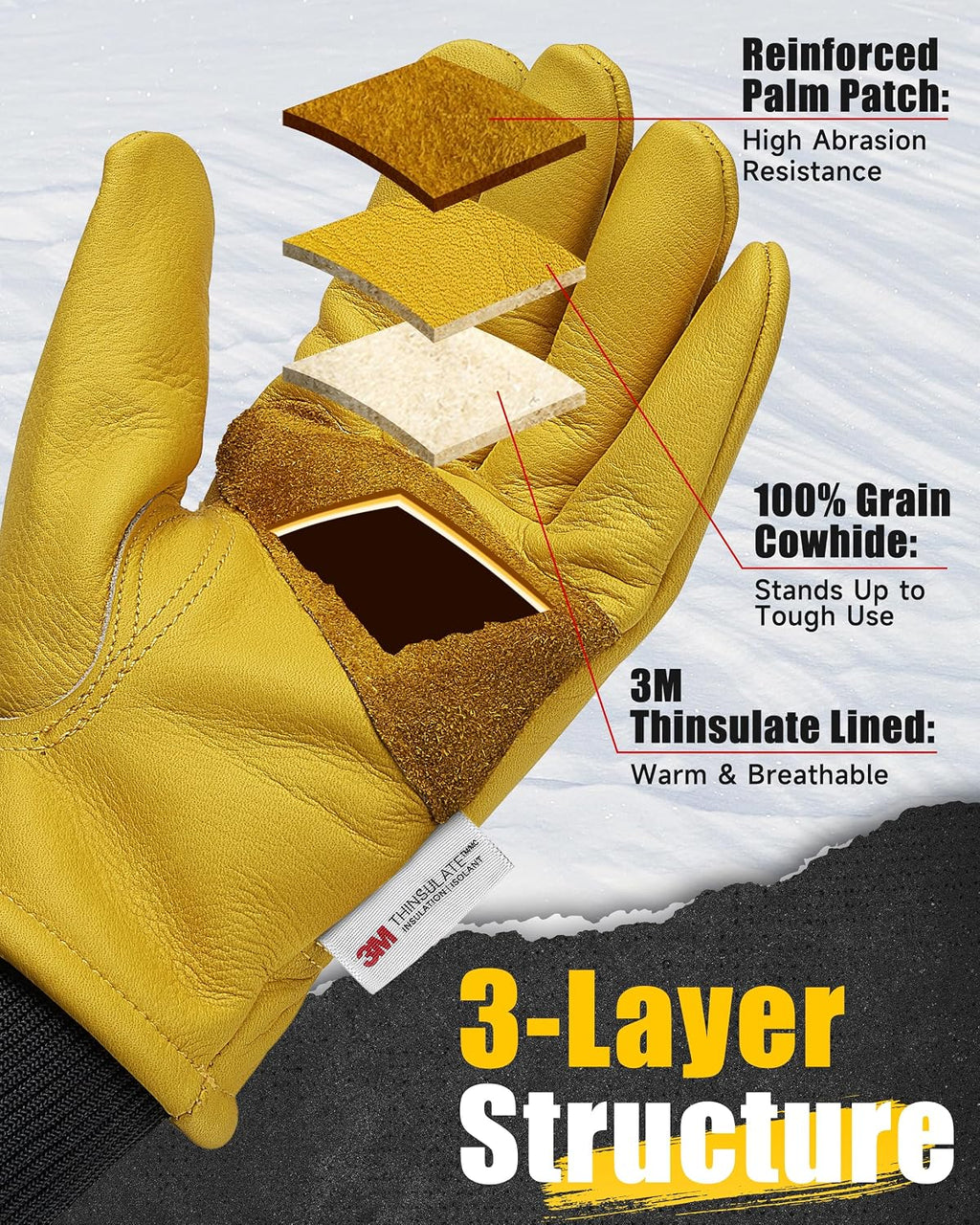 DULFINE Winter Insulated Cowhide Leather Work Gloves for Men and Women