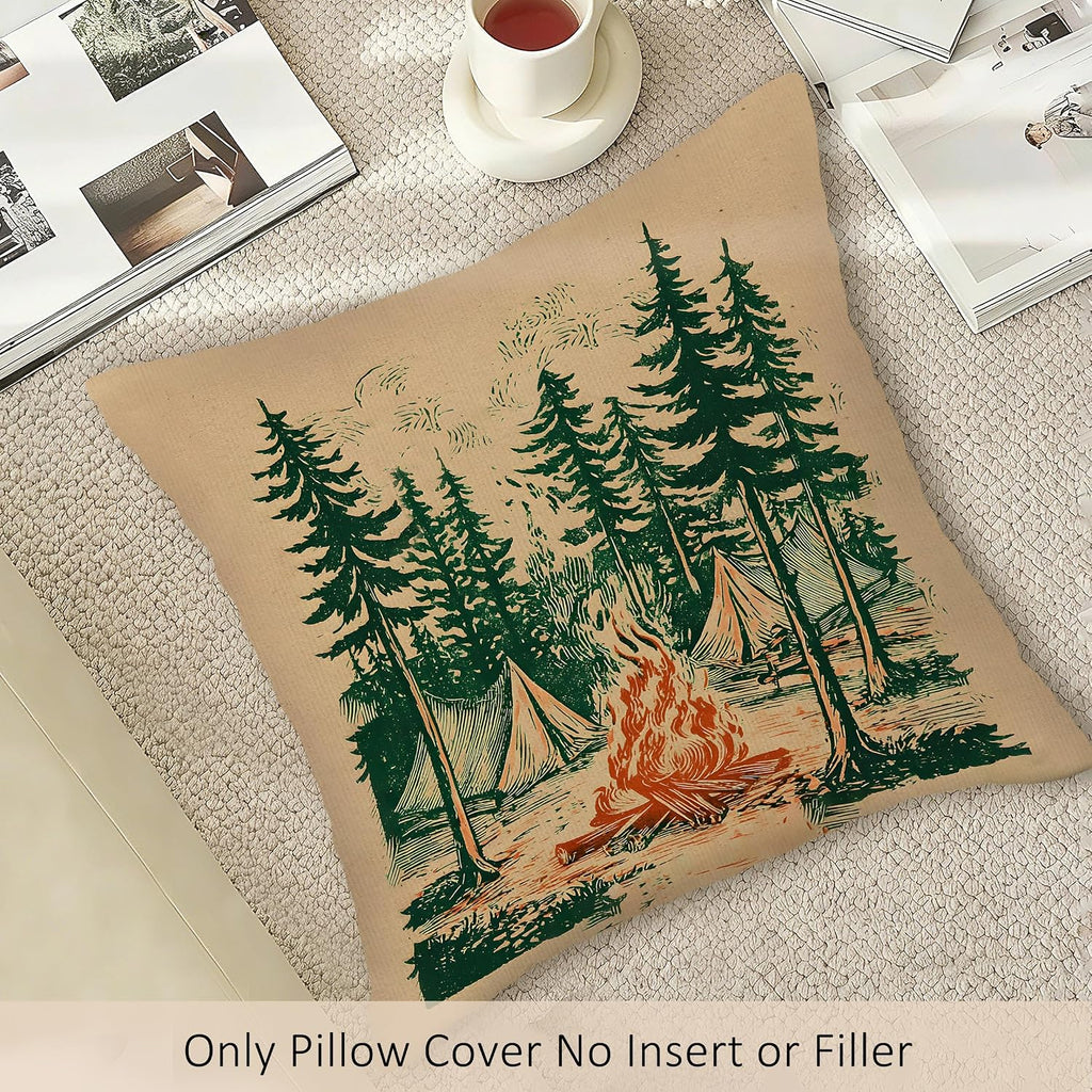 Rustic Camping Forest Throw Pillow Covers, Vintage Camper Pillow Case Cover for Couch, Campfire Square Pillowcase, Retro Camping Decor Cushion Cover Case for Bedroom Living Room, 18x18 in