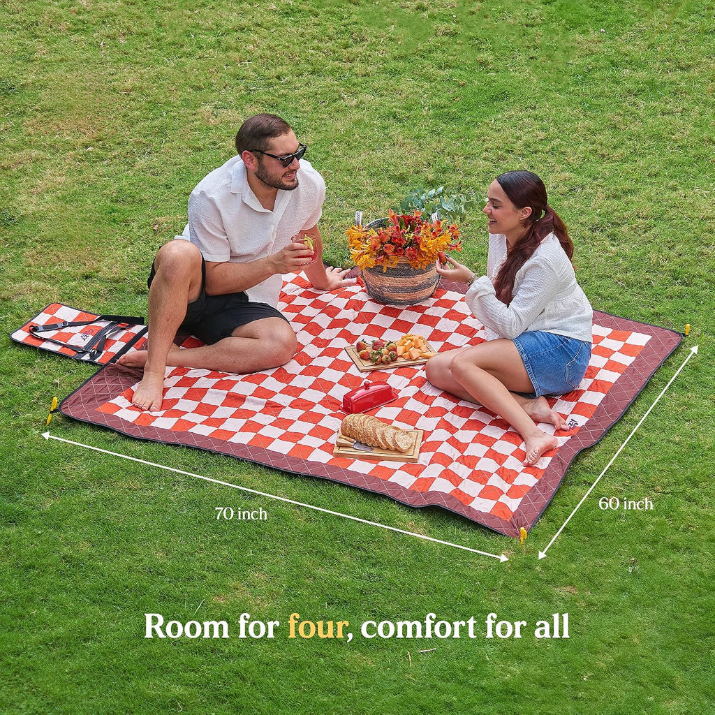 Cozy Club Waterproof Picnic Blanket – Foldable Outdoor Mat 60x70 with Stakes, Pocket & Shoulder Strap | Sandproof Beach Blanket for Festivals, Camping & Travel | Self-Packing | Terracotta | US Brand
