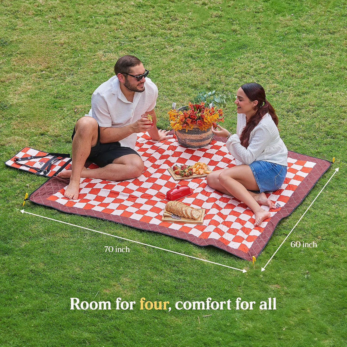 Cozy Club Waterproof Picnic Blanket – Foldable Outdoor Mat 60x70 with Stakes, Pocket & Shoulder Strap | Sandproof Beach Blanket for Festivals, Camping & Travel | Self-Packing | Terracotta | US Brand
