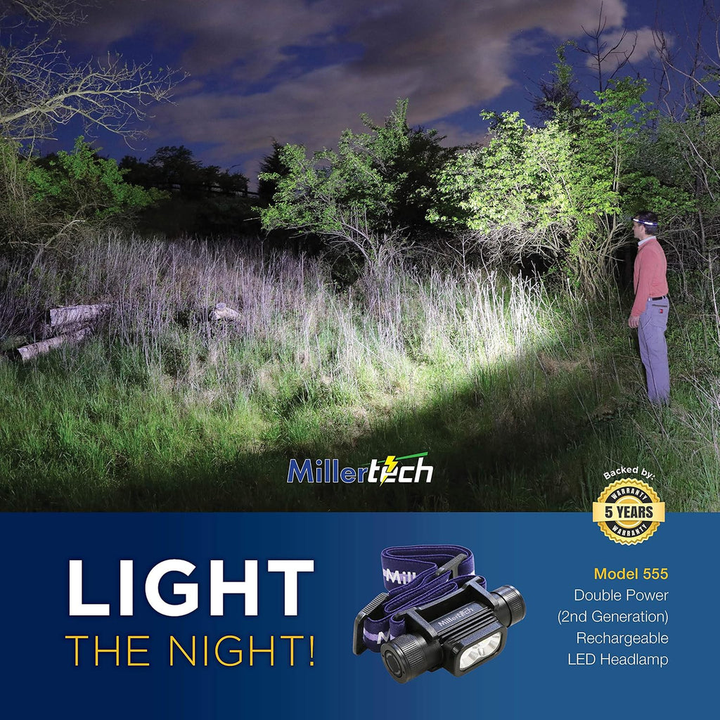#555 - Double Power - Rechargeable CREE LED Headlamp, 1800 Lumens, USB-C Charging, IPX6 Waterproof, Stepless Dimming, Includes USB Cable and Power Bank