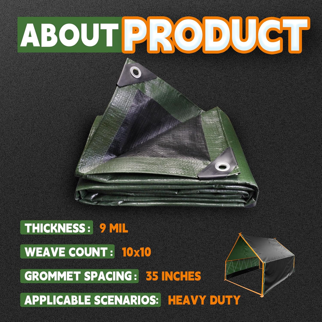 RAINDEWAY 8x8 Feet Tarp Waterproof,9Mil Green/Black Poly Tarps Cover
