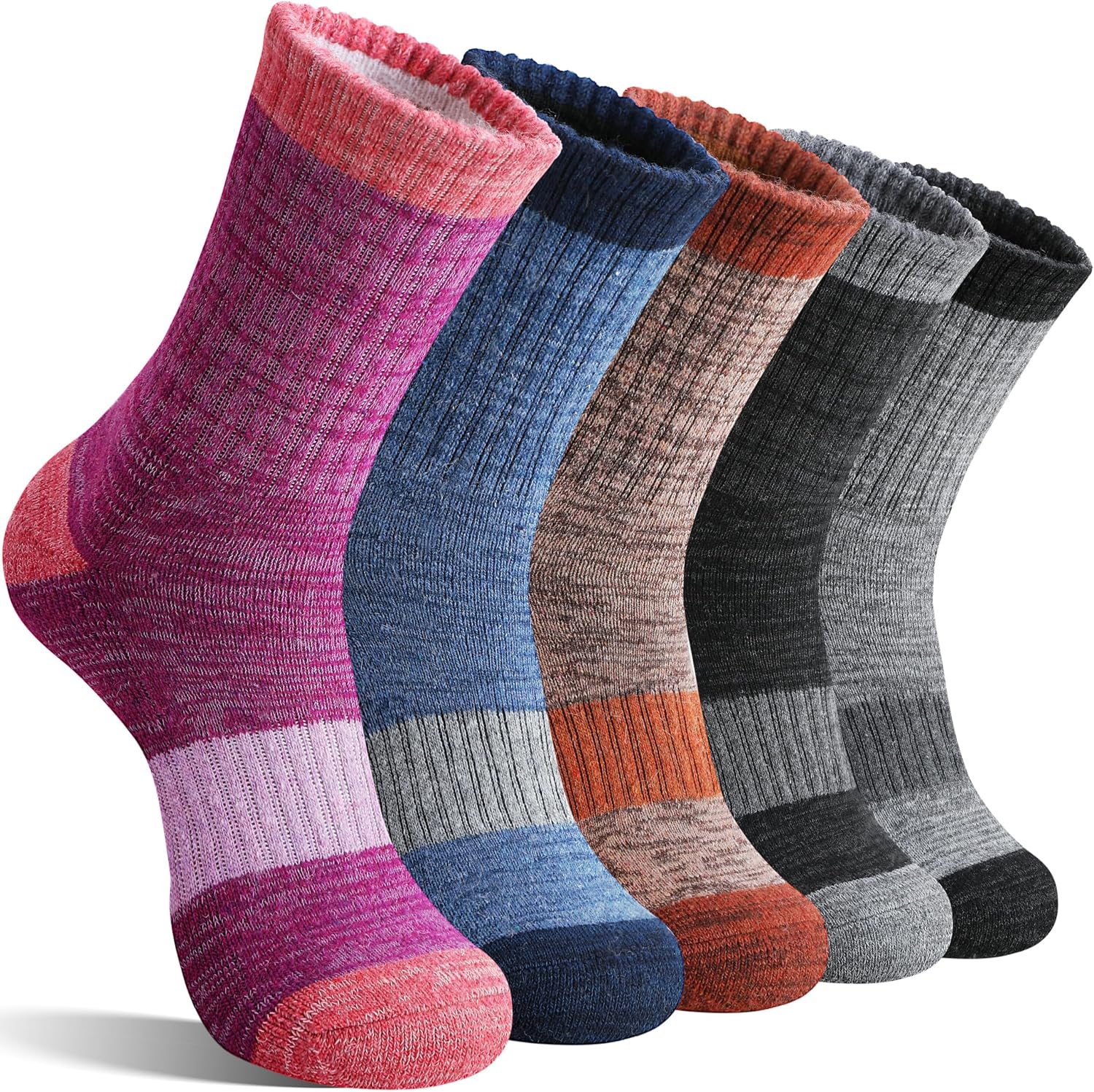 Merino Wool Hiking Socks Thermal Warm Winter Cozy Cushioned Moisture Wicking Crew Socks for Women 5 Pairs