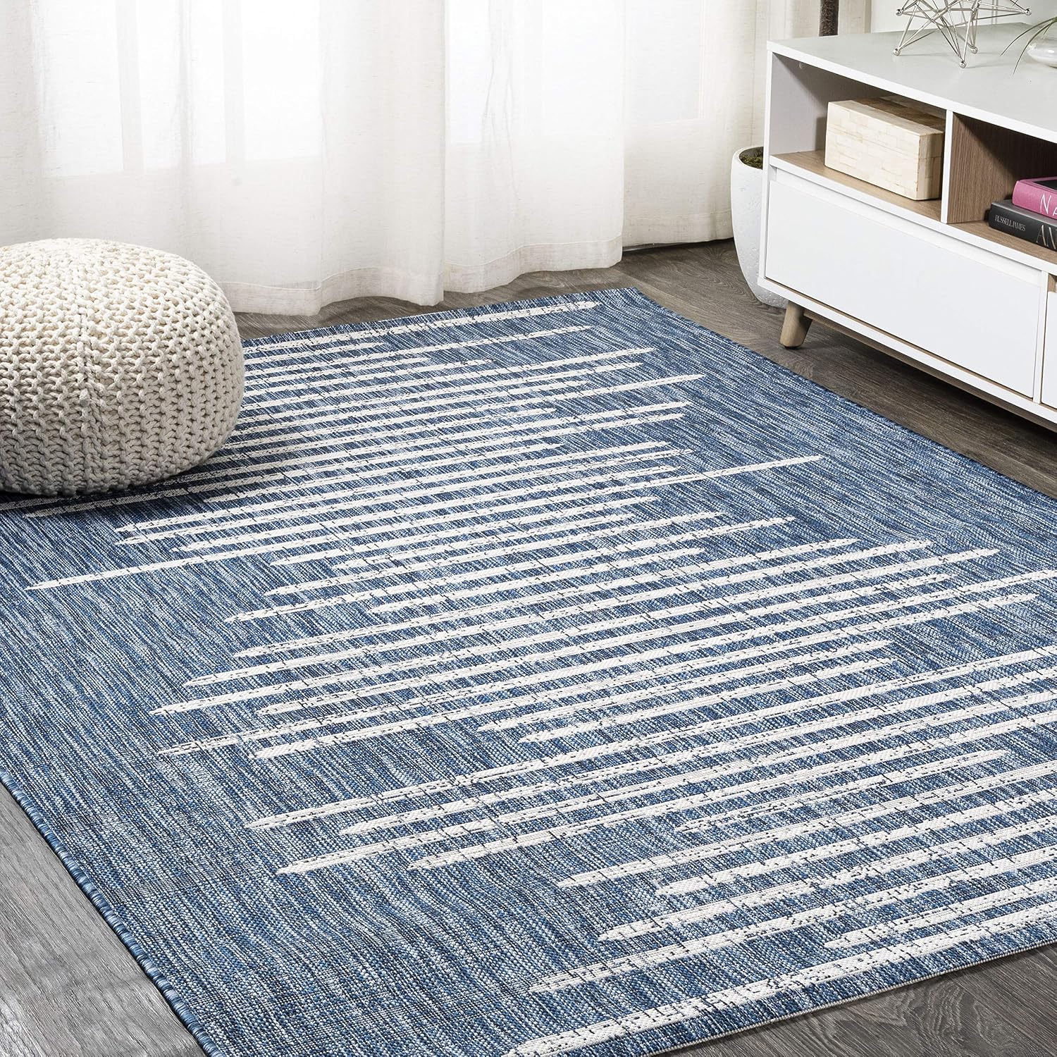 JONATHAN Y Stripe Geometric Indoor Outdoor Area Rug 8X10 Blue/Ivory, Zolak Berber for Backyard, Patio, Porch, Easy-Cleaning, High Traffic, Pet-Friendly, Non-Shedding (SMB124C-8)