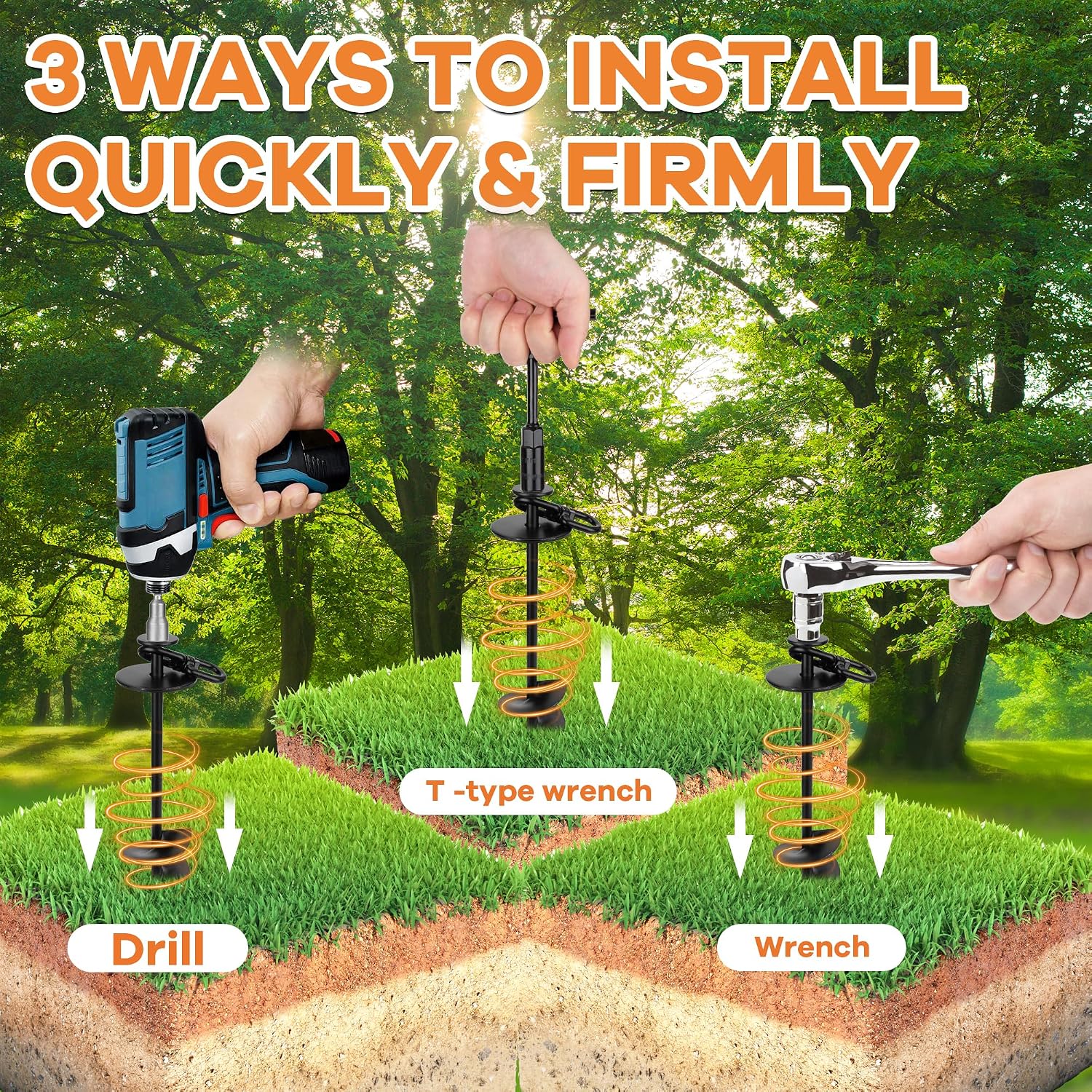 Dog Tie Out Stake, Heavy Duty 360°Swivel Dog Outside Lead Cable, Screw in Spike Auger Ground Stake Anchors with Power Nut Drill Bit, T Wrench and Leash, for Yard Camping Beach