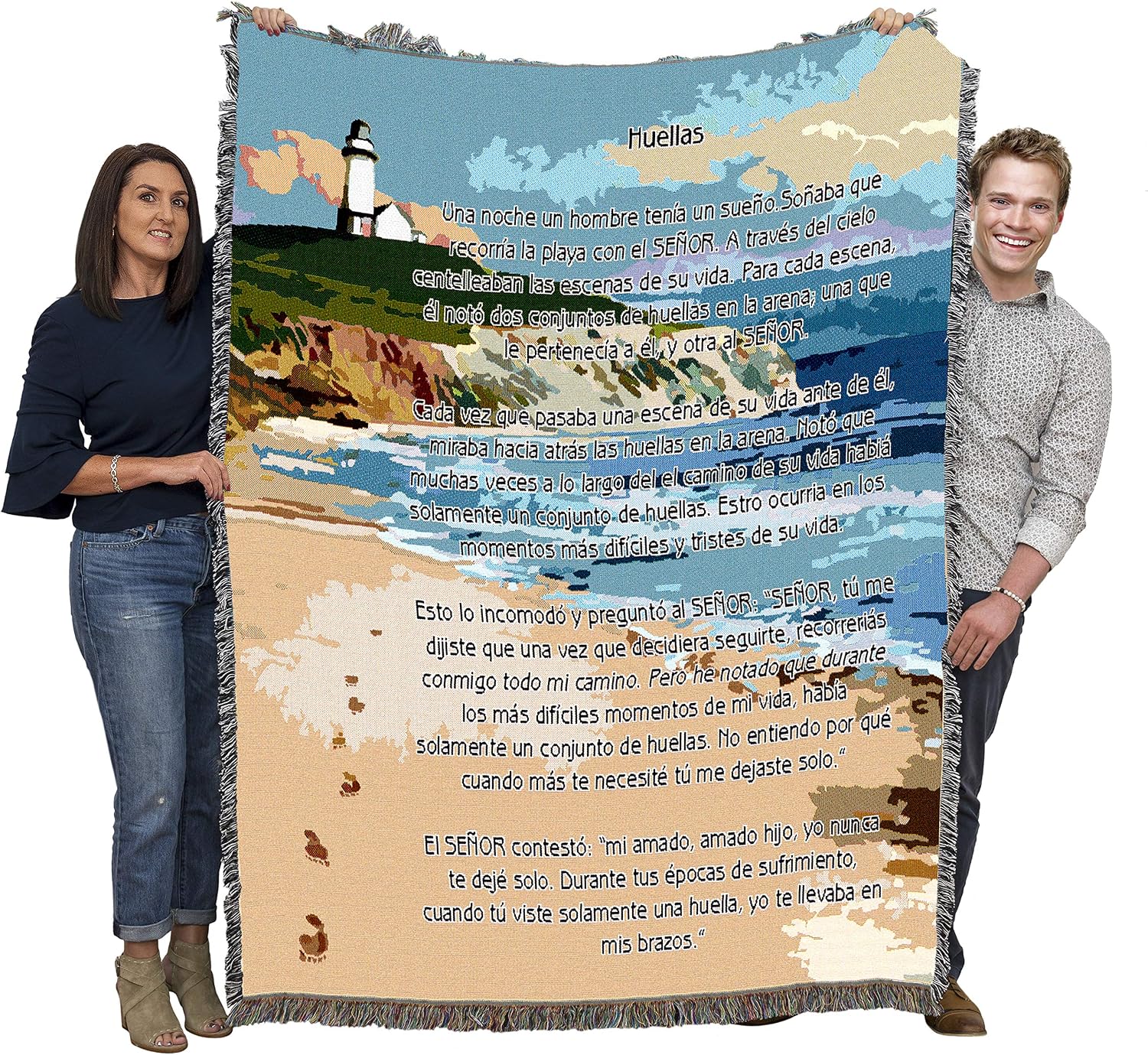 Pure Country Weavers Jesus Footprints in The Sand Spanish Huellas Blanket - Religious Gift Tapestry Throw Woven from Cotton - Made in The USA (72x54)