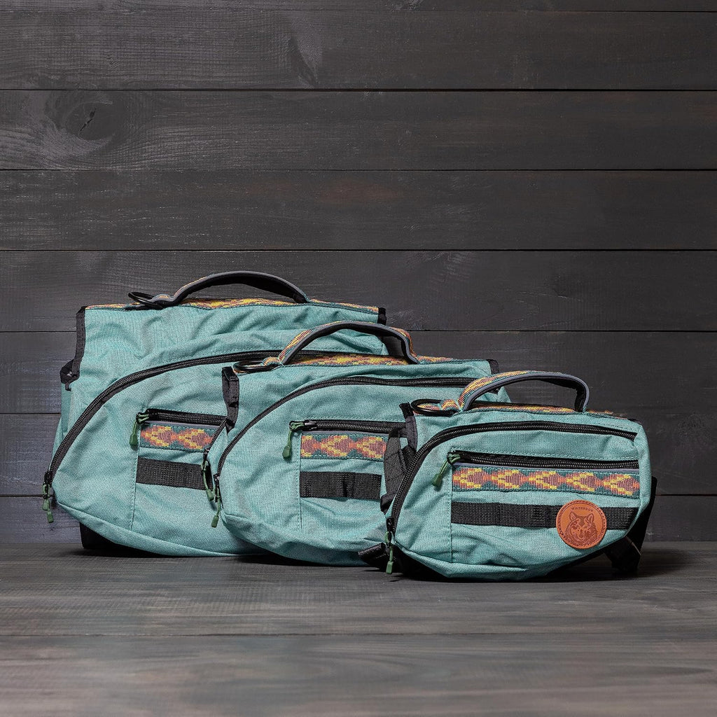 Widlerdog Dog Backpack with Built in Harness and Back-Mounted D-Ring Leash Attachment, Handle, Two Saddlebags with 4 Total Pockets, Built in Poop Bag Dispenser (Seafoam Green, Medium)