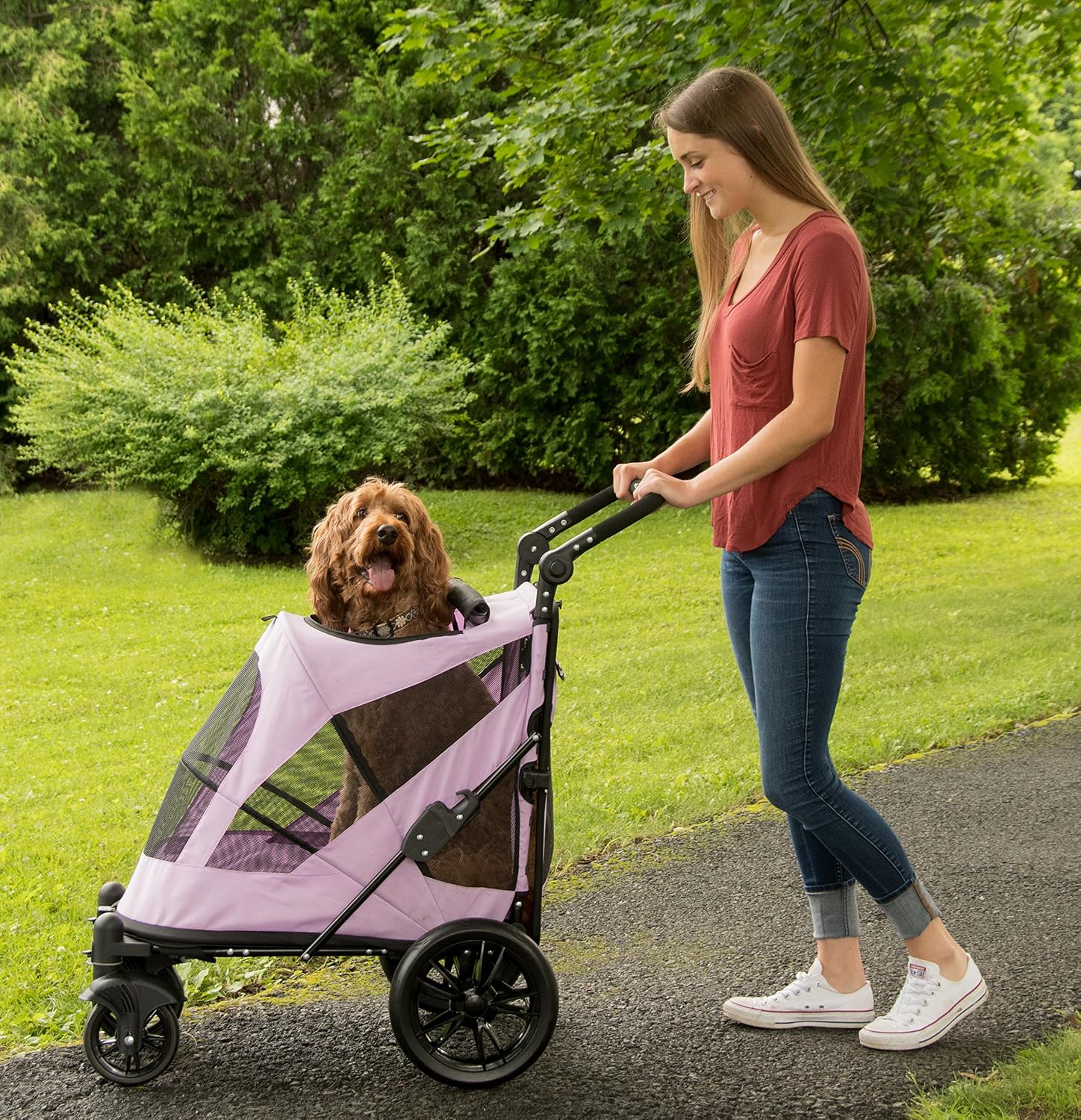 Pet Gear NO-Zip Pet Stroller with Dual Entry, Push Button Zipperless Entry for Single or Multiple Dogs/Cats, Pet Can Easily Walk in/Out, No Need to Lift Pet, Gel-Filled Tires, 1 Model, 4 Colors