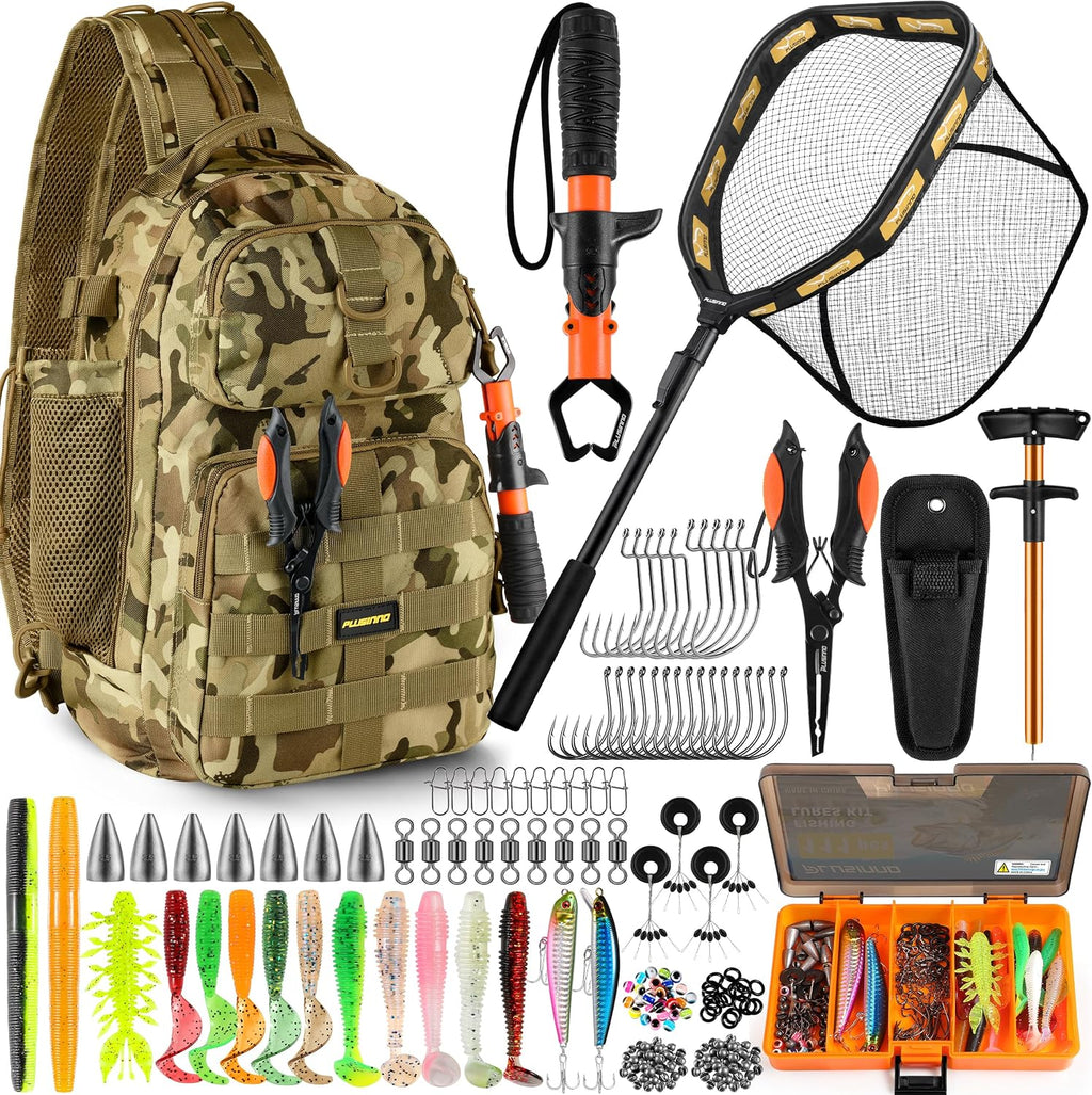 PLUSINNO Fishing Backpack with Fishing Net & Tackle Box, Tackle Bag