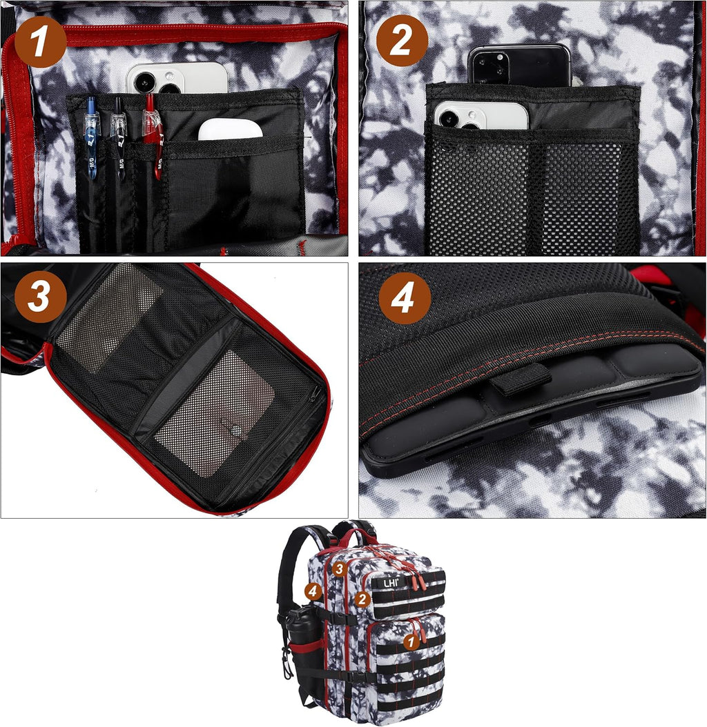 LHI Military Tactical Backpack for Men and Women 45L Army 3 Days Assault Pack Bag Large Rucksack with Molle System Black and White with Red