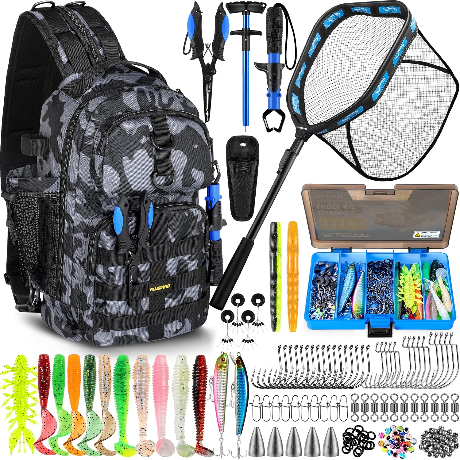 PLUSINNO Fishing Backpack with Floating Fishing Net, Tackle Box,Tackle Bag
