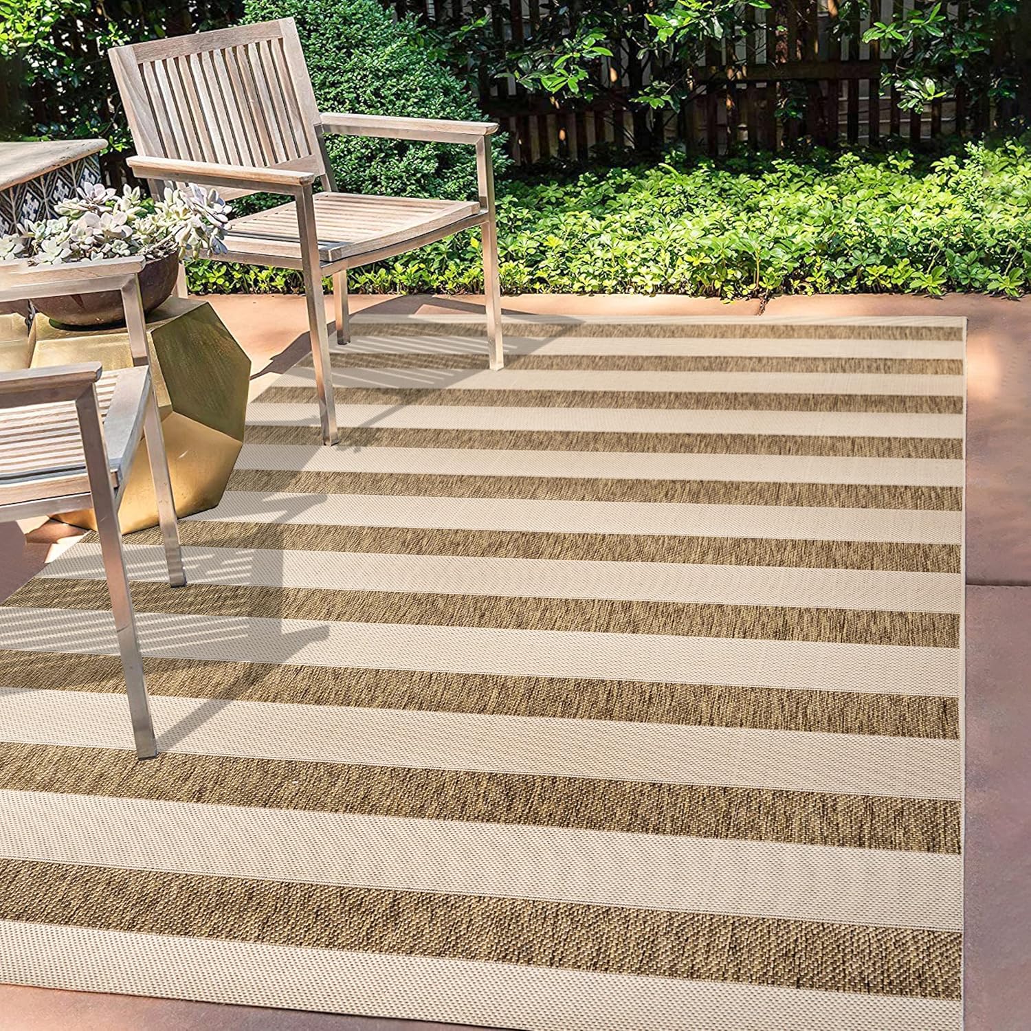 JONATHAN Y Wide Stripe Indoor Outdoor Area Rug 5X8 Beige/Brown, Aveiro for Backyard, Patio, Porch, Easy-Cleaning, High Traffic, Pet-Friendly, Non-Shedding (SMB112A-5)