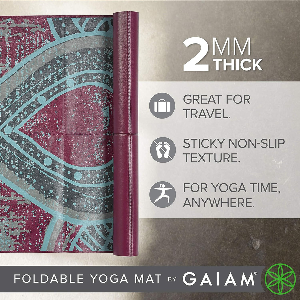 Gaiam Folding Yoga Travel Mat, 2mm, Foldable & Lightweight