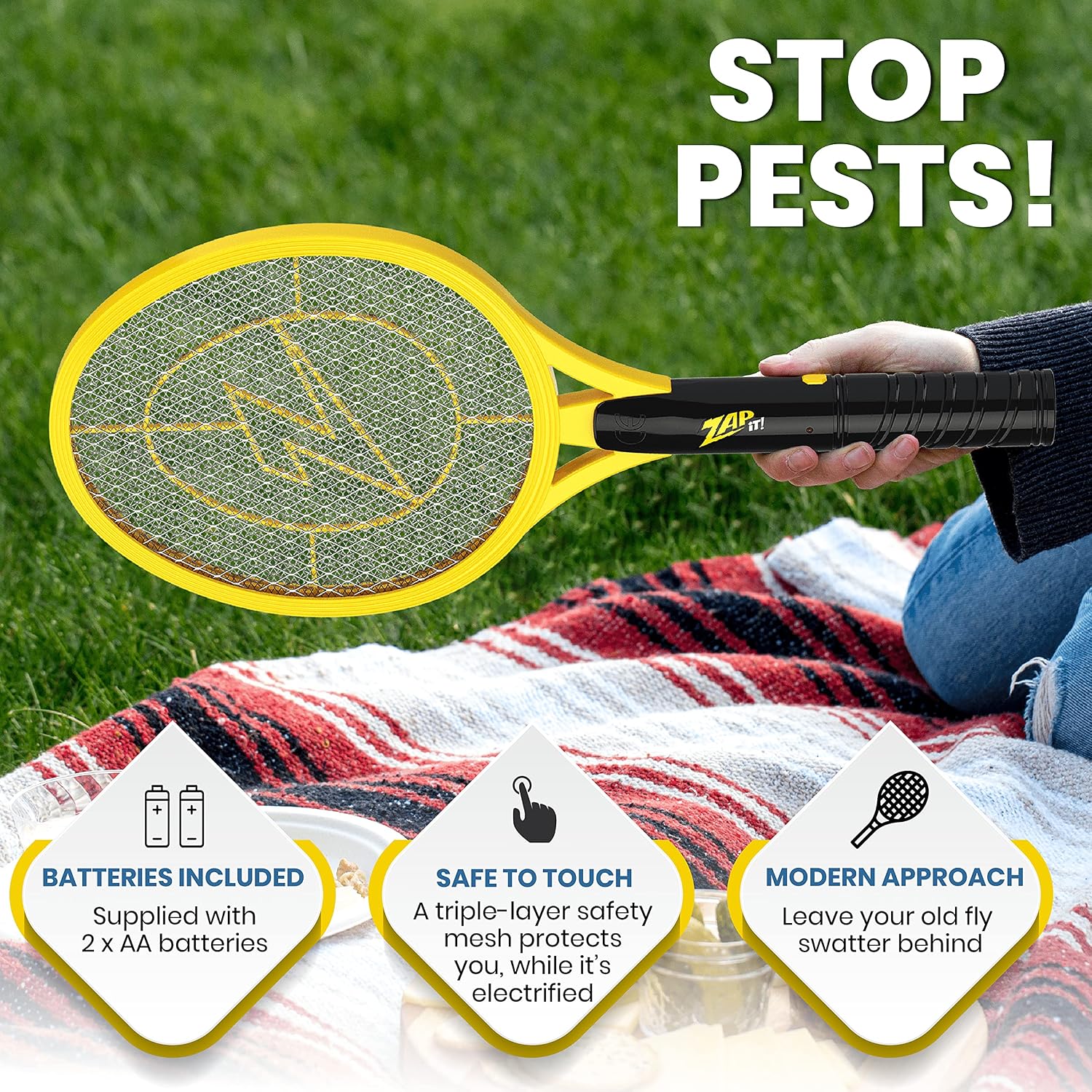 ZAP IT! Electric Fly Swatter Racket - 3,500 Volt Bug Zapper Racket - Battery-Powered Mosquito Zapper with 2 AA Batteries Included -Large-Yellow- Lightweight and Compact for Indoors or Outdoor
