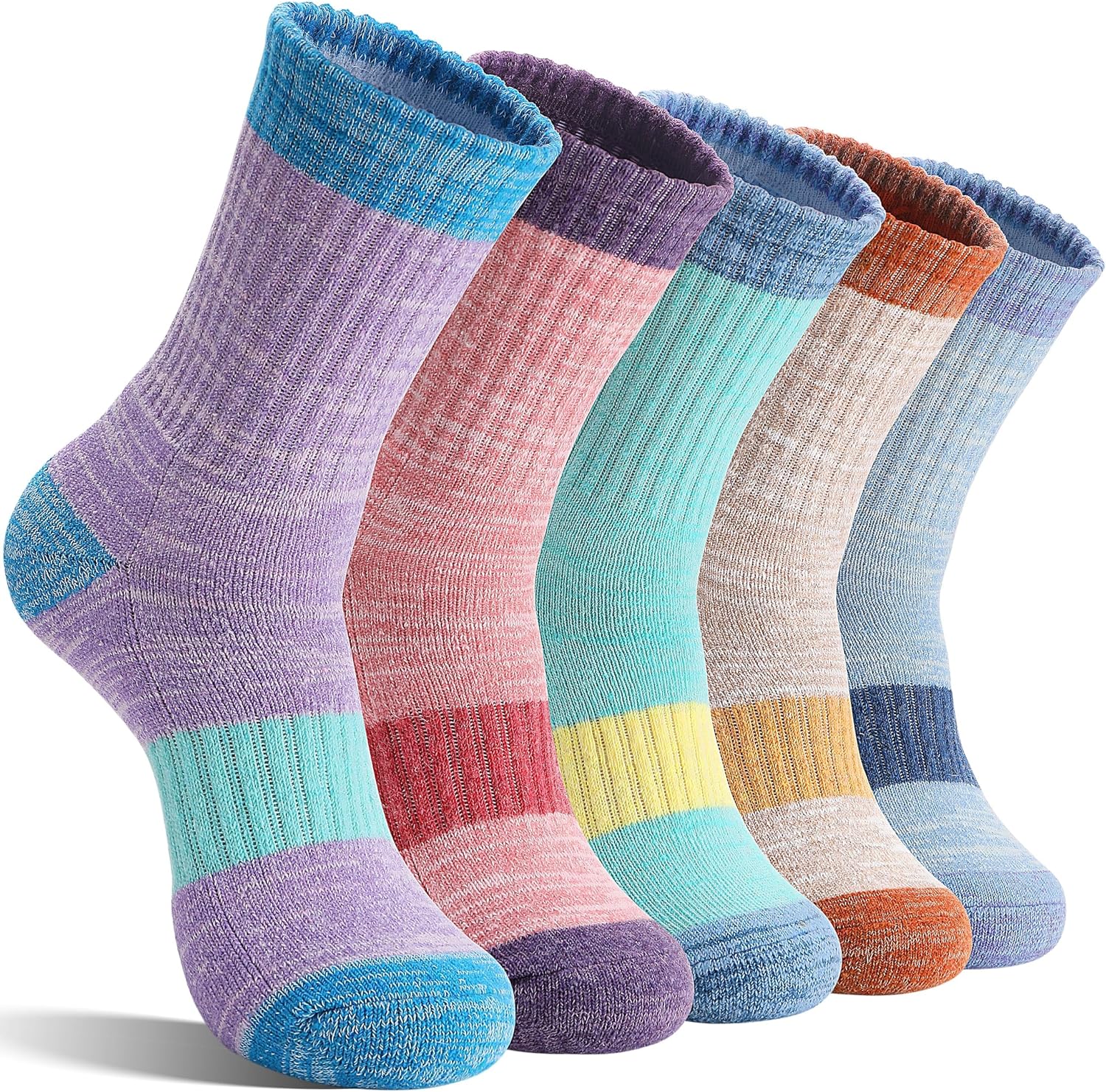Merino Wool Hiking Socks Thermal Warm Winter Cozy Cushioned Moisture Wicking Crew Socks for Women 5 Pairs