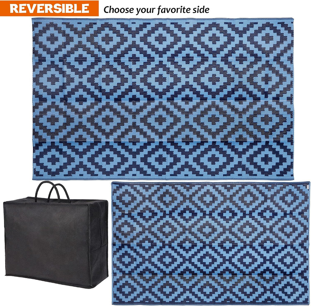 SAND MINE Reversible Mats, Plastic Straw Rug, Modern Area Rug, Large Floor Mat and Rug for Outdoors, RV, Patio, Backyard, Deck, Picnic, Beach, Trailer, Camping, Blue, 5' x 8'