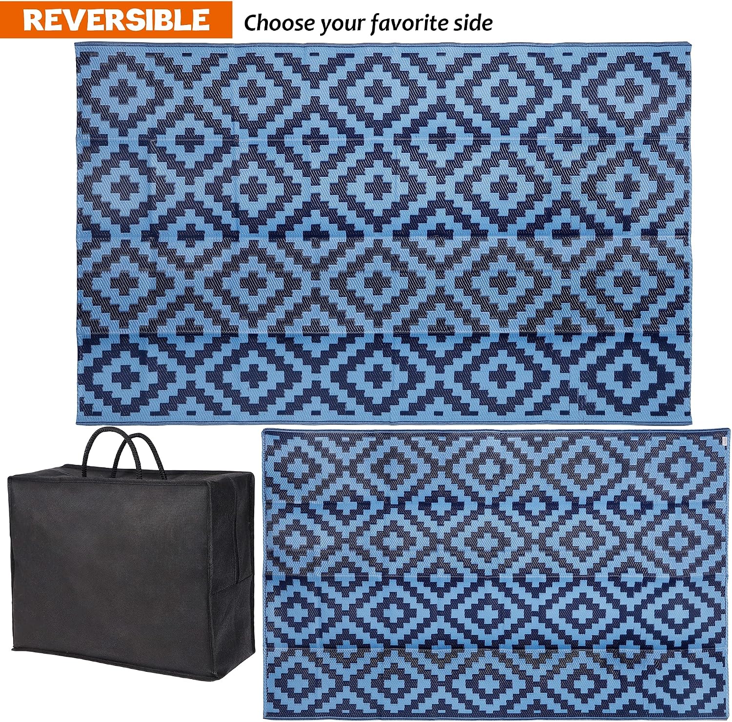 SAND MINE Reversible Mats, Plastic Straw Rug, Modern Area Rug, Large Floor Mat and Rug for Outdoors, RV, Patio, Backyard, Deck, Picnic, Beach, Trailer, Camping, Blue, 5' x 8'