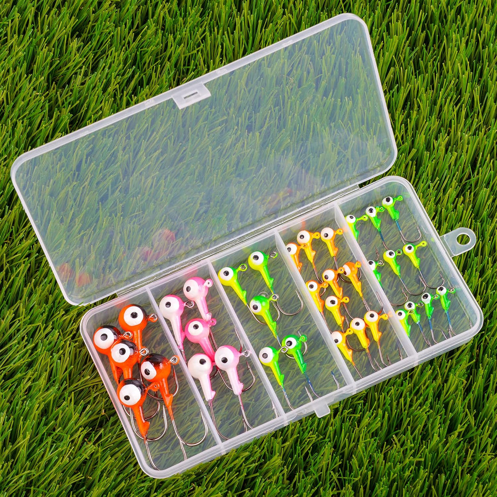 AGOOL Fishing Jig Heads Hooks Kit, 35/60pcs Round Ball Jig Heads Fishing Lures Crappie Jig Heads for Soft Plastic Baits Bass Trout Soft Worm Shrimp Lures Freshwater Saltwater