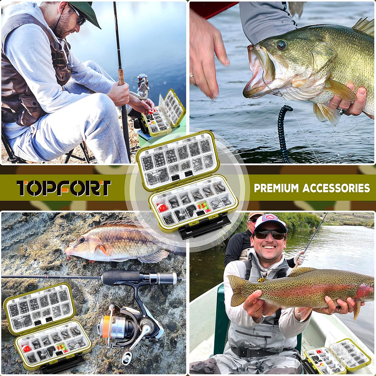 TOPFORT 187/343pcs Fishing Accessories Kit, Organized Fishing Tackle Box with Tackle Included, Fishing Hooks, Fishing Weights Sinkers, Fishing Gear and Equipment, Fishing Gift for Men