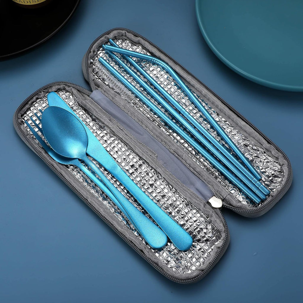 Portable Stainless Steel Flatware Set, Travel Camping Cutlery Set, Portable Utensil Travel Silverware Dinnerware Set with a Waterproof Case (Light Blue)