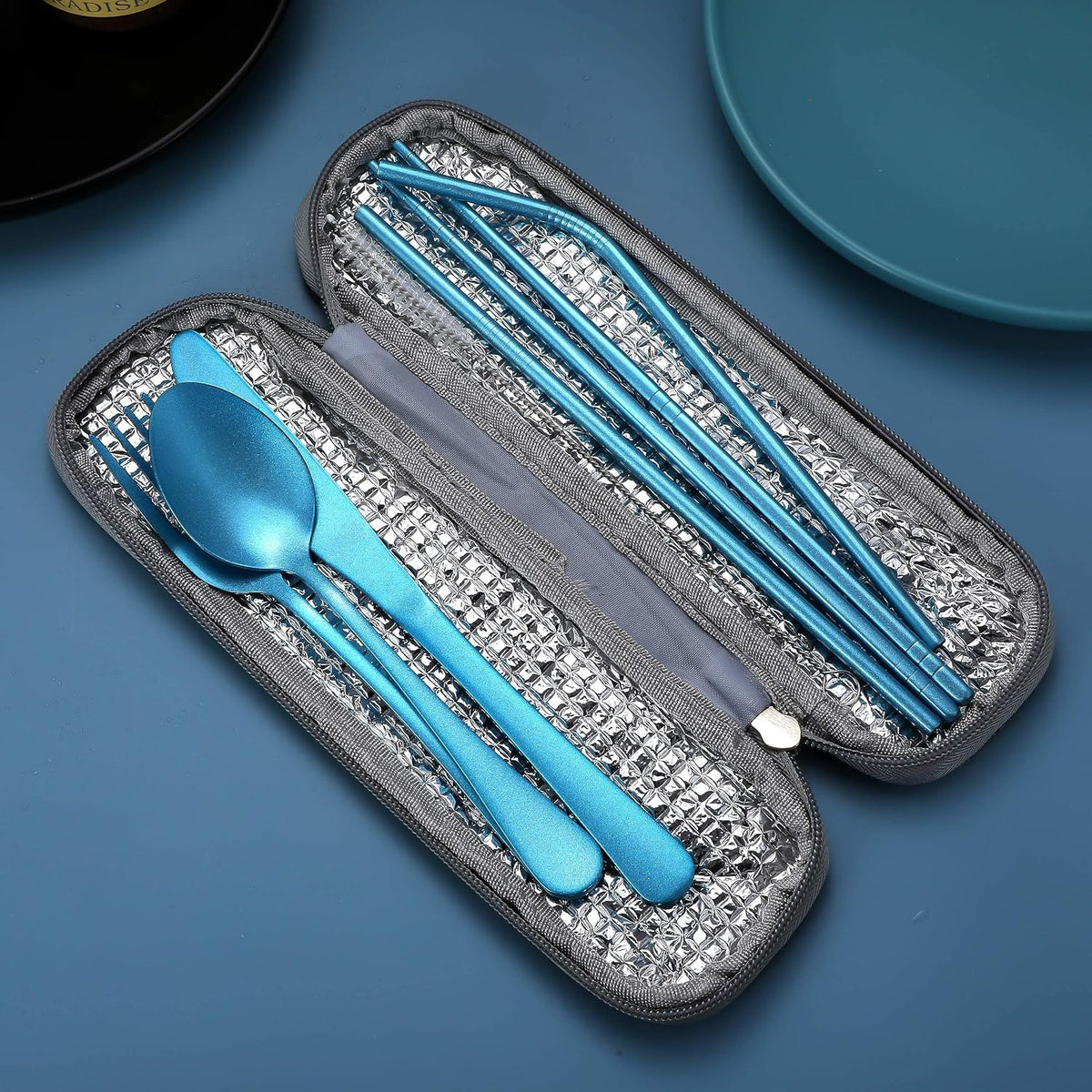 Portable Stainless Steel Flatware Set, Travel Camping Cutlery Set, Portable Utensil Travel Silverware Dinnerware Set with a Waterproof Case (Light Blue)