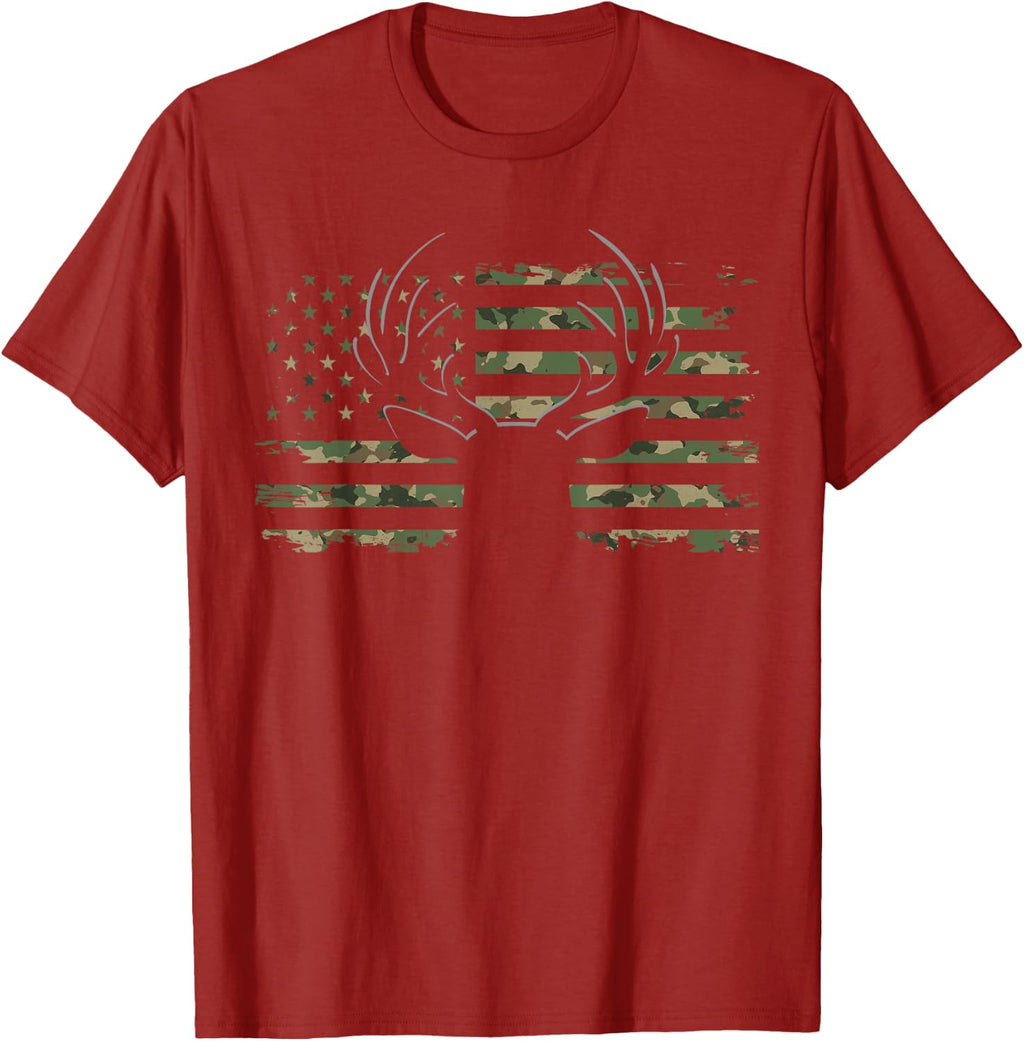 American Flag Camouflage Outdoor Antlers Deer T-Shirt Small