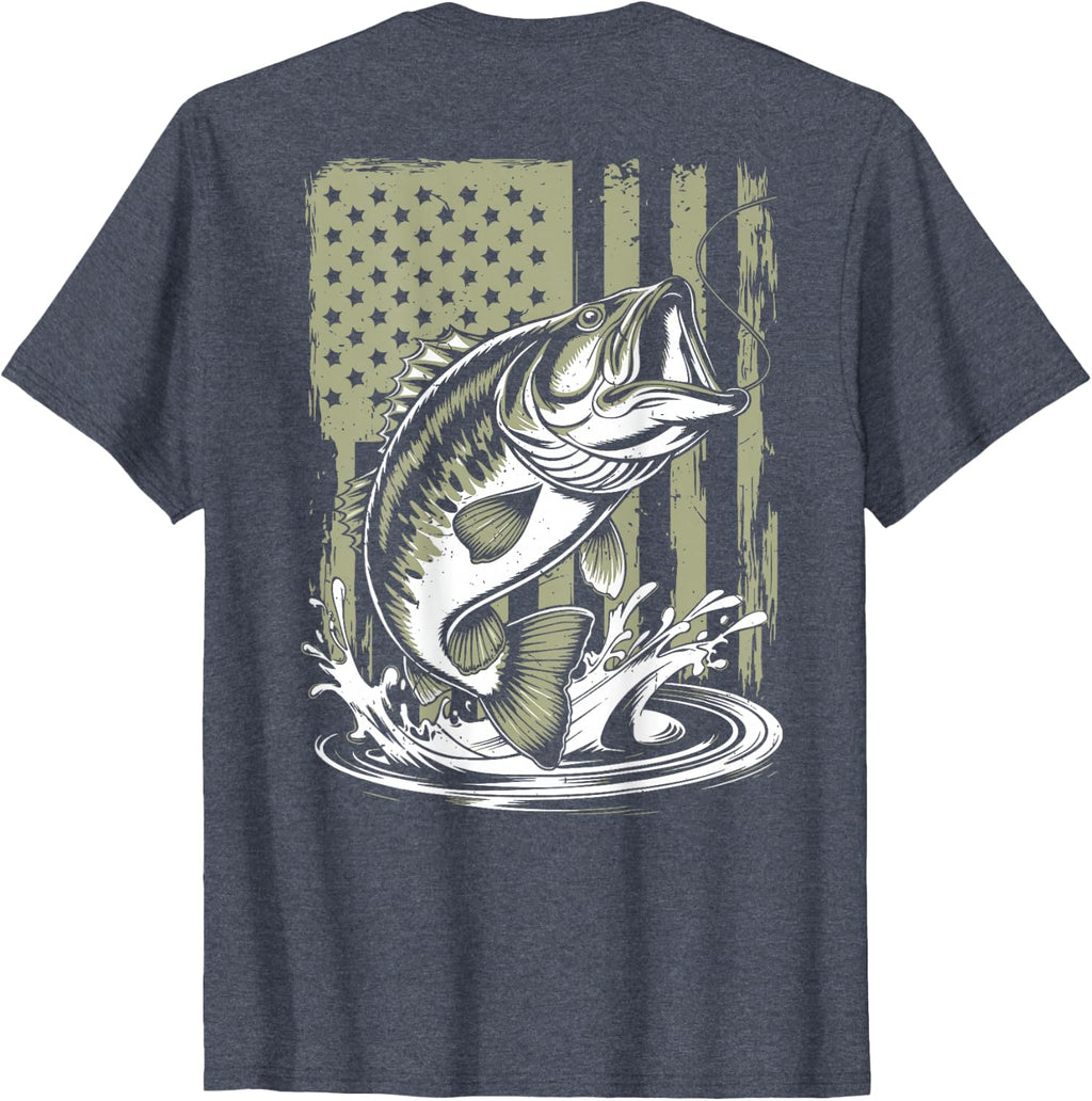 Fishing Camo Bass Fish American Flag Men's Graphic Fishing T-Shirt